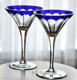 2 Faberge Grand Duke Cobalt Blue Cut to Clear Crystal Martini Glass New Signed