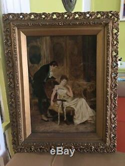 ANTIQUE Signed LE GRAND dated 1894 Figural Interior Scene Oil on Canvas Painting