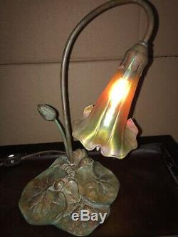 American Deluxe Bronze Art Nouveau Lily Pad Lamp. Signed Lundberg Shade