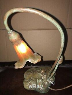 American Deluxe Bronze Art Nouveau Lily Pad Lamp. Signed Lundberg Shade
