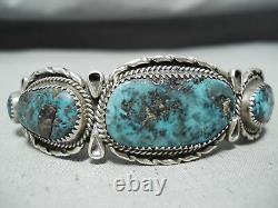 Grand Vintage Navajo Turquoise Mountain Turquoise Sterling Silver Bracelet Old