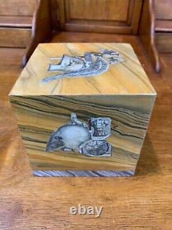 Signed Grand Tour-Style Handmade Faux Marble Cube With Architectural Engravings