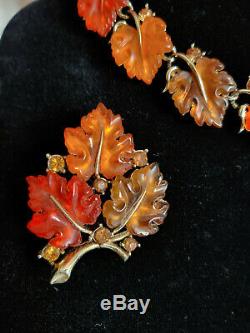 Signed Vintage Lisner Orange-Amber-Brown Thermoset Oak Maple Grand Parure Set