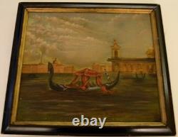 19 C Peinture Originale Venise Grand Canal De Venise W Gondola Huile Toile Encadrée