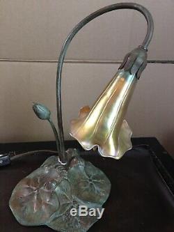 American Deluxe Bronze Art Nouveau Lily Pad Lampe. Signé Ombre Lundberg