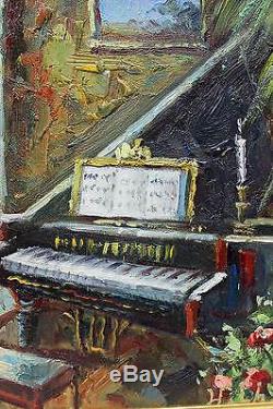 Baby Grand Piano Music Room Original Oil Painting Wall Art Oeuvre Encadrée Beaux-arts