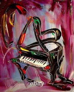 Grand Musique Jazz Pop Art Peinture Originale Toile D'huile Artiste Signé Bu03te