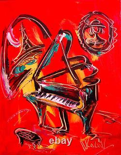 Grand Piano Musique Peinture Sur Toile Originale Signé Jazz Nu899
