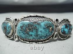 Grand Vintage Navajo Turquoise Mountain Turquoise Sterling Silver Bracelet Vieux